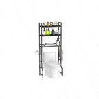 Meuble de rangement 3 niveaux en bois pour salle de bain, au-dessus des toilettes, organisateur noir, gain de place, étagère autoportante avec 4 crochets pour toilettes et buanderie