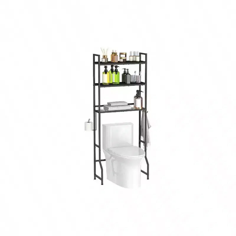 Meuble de rangement 3 niveaux en bois pour salle de bain, au-dessus des toilettes, organisateur noir, gain de place, étagère autoportante avec 4 crochets pour toilettes et buanderie