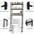 Meuble de rangement 3 niveaux en bois pour salle de bain, au-dessus des toilettes, organisateur noir, gain de place, étagère autoportante avec 4 crochets pour toilettes et buanderie