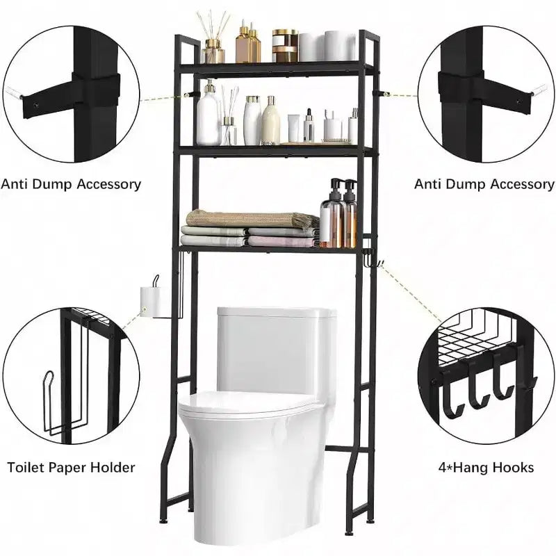 Meuble de rangement 3 niveaux en bois pour salle de bain, au-dessus des toilettes, organisateur noir, gain de place, étagère autoportante avec 4 crochets pour toilettes et buanderie