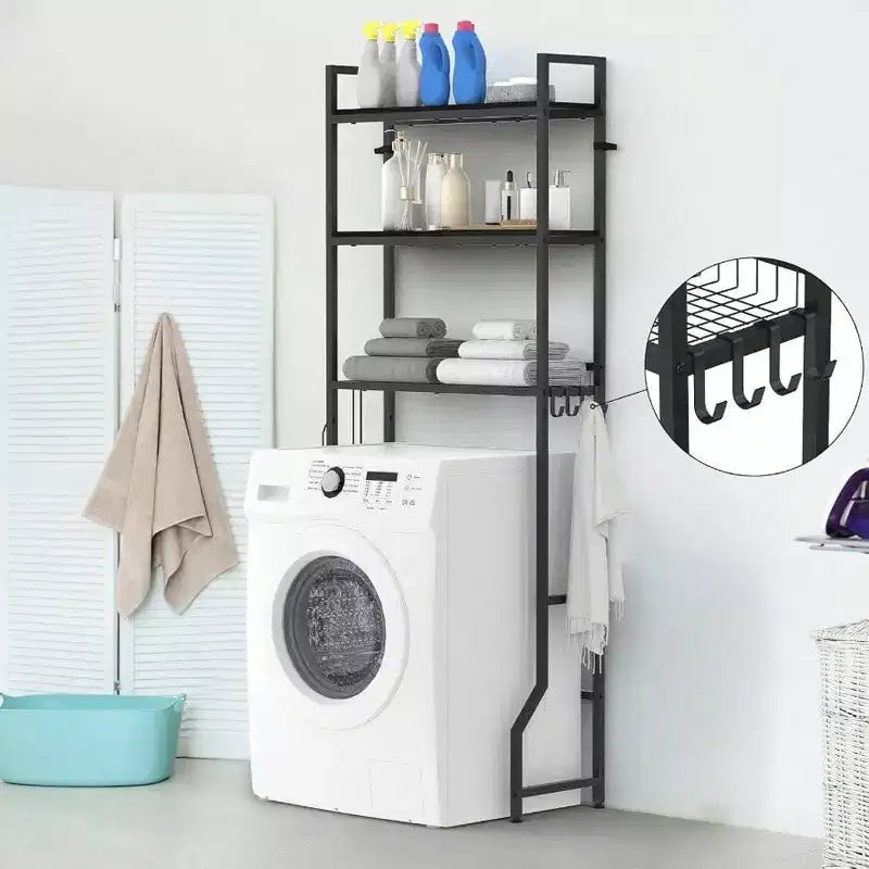 Meuble de rangement 3 niveaux en bois pour salle de bain, au-dessus des toilettes, organisateur noir, gain de place, étagère autoportante avec 4 crochets pour toilettes et buanderie