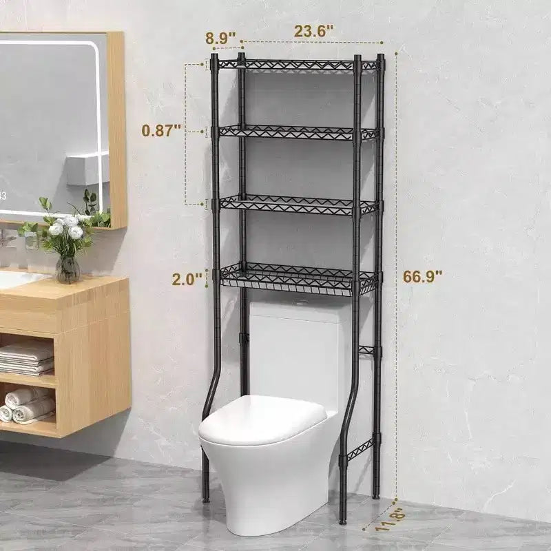 Meuble de rangement 4 niveaux pour toilettes, organisateur de salle de bain avec étagère réglable et panier, meuble de rangement pour petits espaces noir