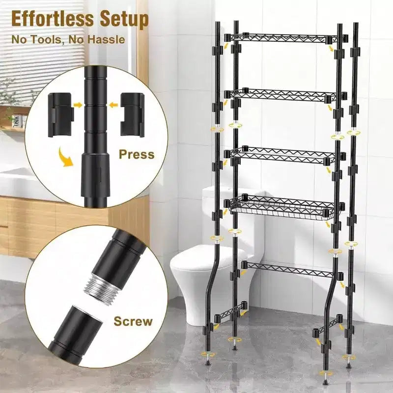 Meuble de rangement 4 niveaux pour toilettes, organisateur de salle de bain avec étagère réglable et panier, meuble de rangement pour petits espaces noir