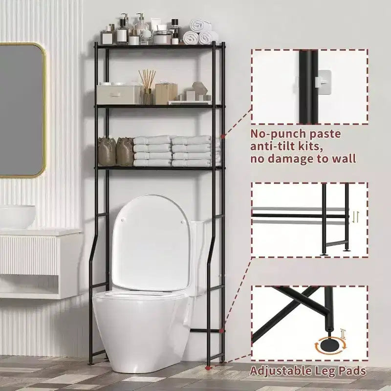 Étagère de Rangement sur WC à 3 Niveaux, Meuble WC Autoportant en Métal, Étagères de Salle de Bain Gain de Place Noir