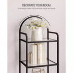 Étagère en verre trempé, bibliothèque 6 niveaux à cadre fin en acier noir pour chambre, salle de bain, bureau, étagère de rangement solide et robuste