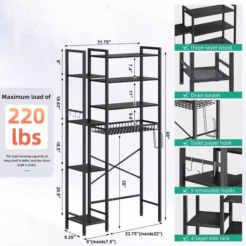 8 - Étagère de rangement de toilettes à plusieurs niveaux avec support latéral, panier de vidange à étagère réglable, organisateur de salle de bain autoportant