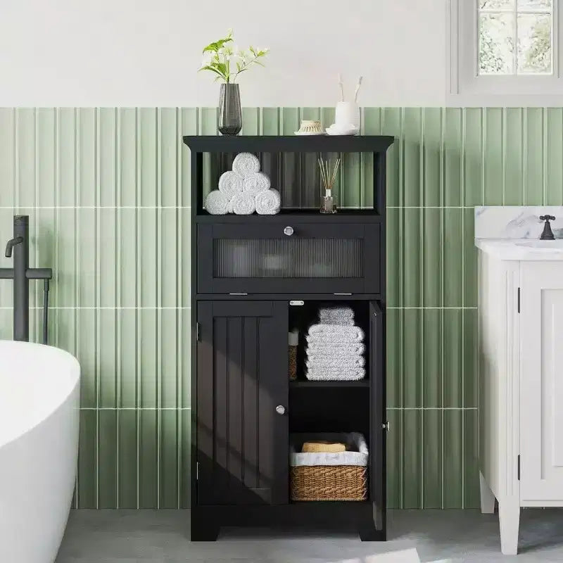 Meuble de salle de bain autoportant noir avec tiroir à abattant en verre, 2 portes, étagère réglable et rangements ouverts pour salle de bain, salon ou couloir