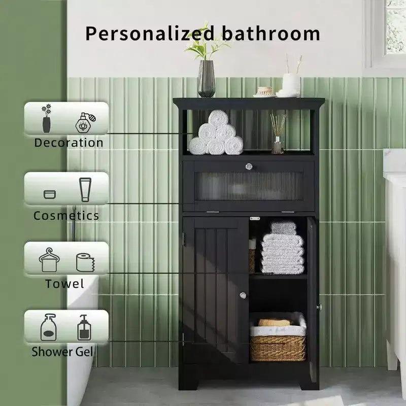 Meuble de salle de bain autoportant noir avec tiroir à abattant en verre, 2 portes, étagère réglable et rangements ouverts pour salle de bain, salon ou couloir