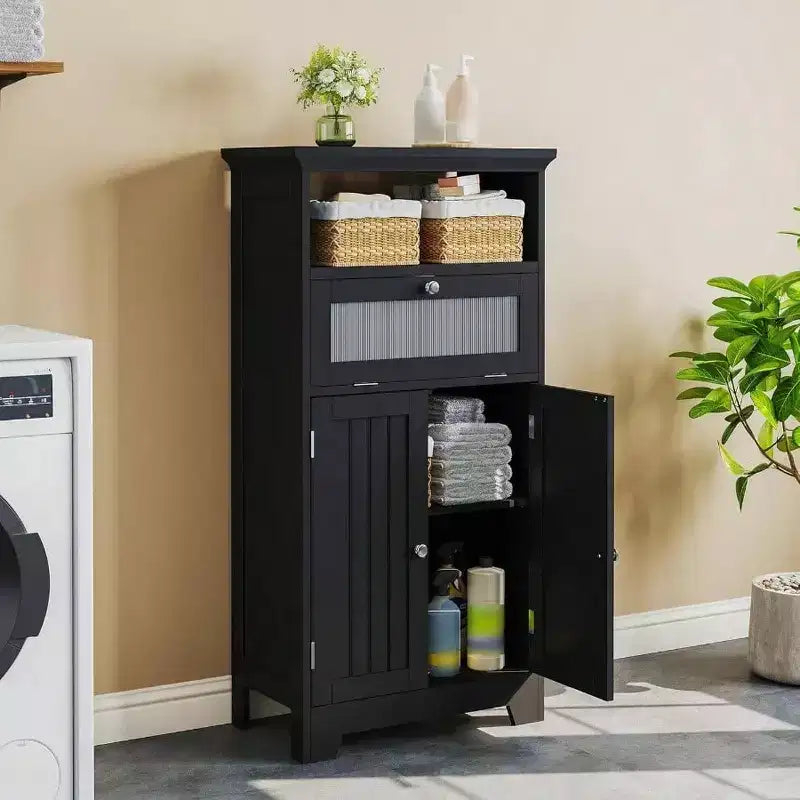 Meuble de salle de bain autoportant noir avec tiroir à abattant en verre, 2 portes, étagère réglable et rangements ouverts pour salle de bain, salon ou couloir