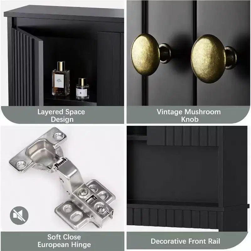 Meuble de Rangement Sur WC, Portes à Panneaux Cannelés, Charnières Douces, Organiseur de Salle de Bain Noir, Étagère Gain de Place Derrière les Toilettes