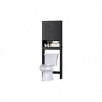 Meuble de Rangement Sur WC, Portes à Panneaux Cannelés, Charnières Douces, Organiseur de Salle de Bain Noir, Étagère Gain de Place Derrière les Toilettes