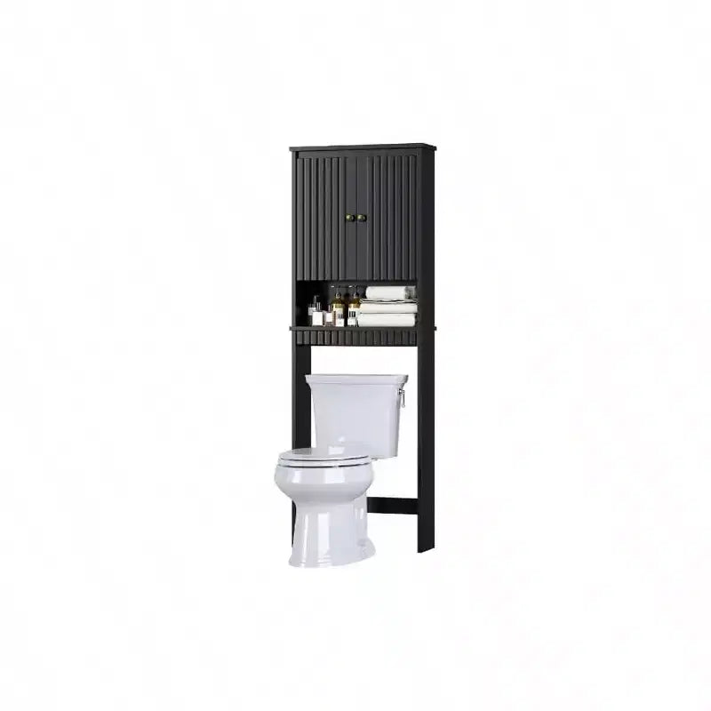 Meuble de Rangement Sur WC, Portes à Panneaux Cannelés, Charnières Douces, Organiseur de Salle de Bain Noir, Étagère Gain de Place Derrière les Toilettes