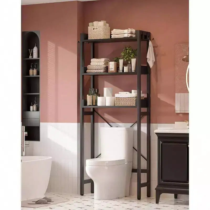 Étagère de rangement au-dessus des toilettes à 3 niveaux, organisateur de salle de bain, étagère autoportante peu encombrante avec 4 crochets noirs