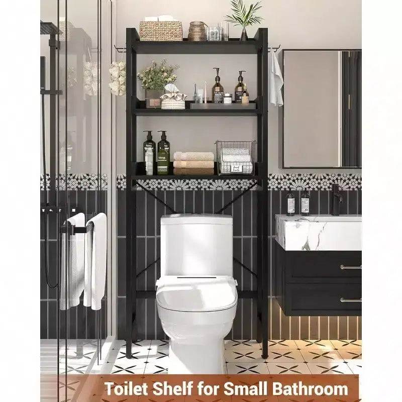 Étagère de rangement au-dessus des toilettes à 3 niveaux, organisateur de salle de bain, étagère autoportante peu encombrante avec 4 crochets noirs