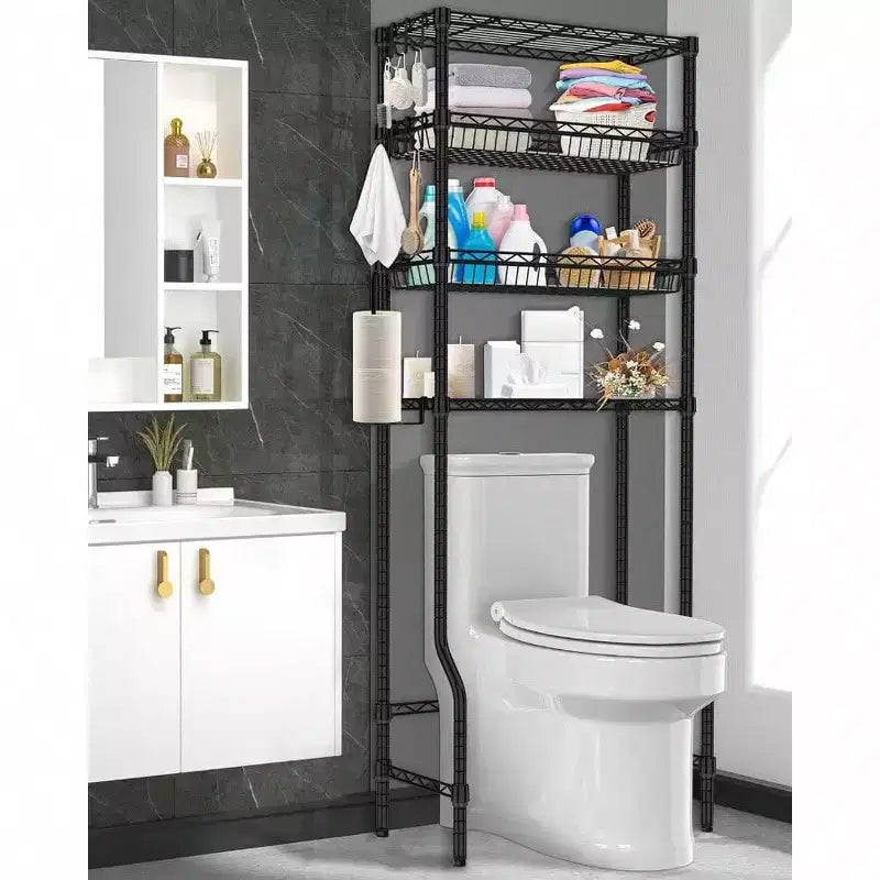 Organisateur de salle de bain au-dessus des toilettes, étagère à 4 niveaux en métal noir, gain de place avec étagères et paniers réglables