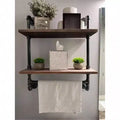 Industrial Pipe Shelf 2 Tiered Metal Towel Racks Bathroom 20 Inch Rustic Wood Wall Mount Shelf with Bar Iron Towel Holder
