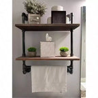 Industrial Pipe Shelf 2 Tiered Metal Towel Racks Bathroom 20 Inch Rustic Wood Wall Mount Shelf with Bar Iron Towel Holder