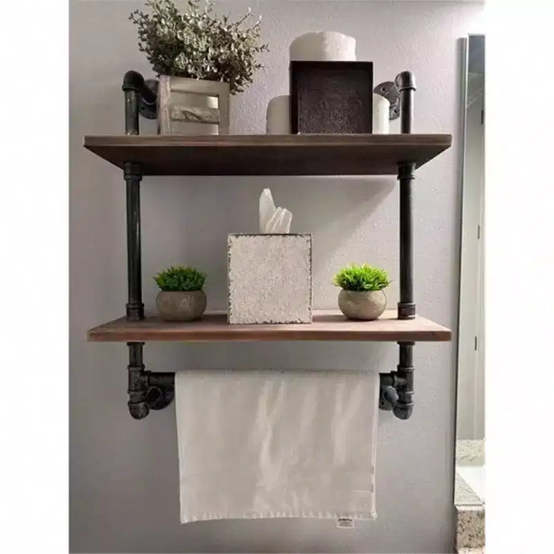 Industrial Pipe Shelf 2 Tiered Metal Towel Racks Bathroom 20 Inch Rustic Wood Wall Mount Shelf with Bar Iron Towel Holder