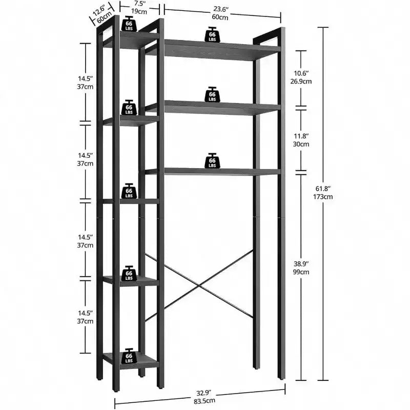 Étagère de rangement au-dessus des toilettes avec 8 niveaux – Grande capacité de rangement Étagère ouverte Organisateur de salle de bain autoportant Noir Gain de place