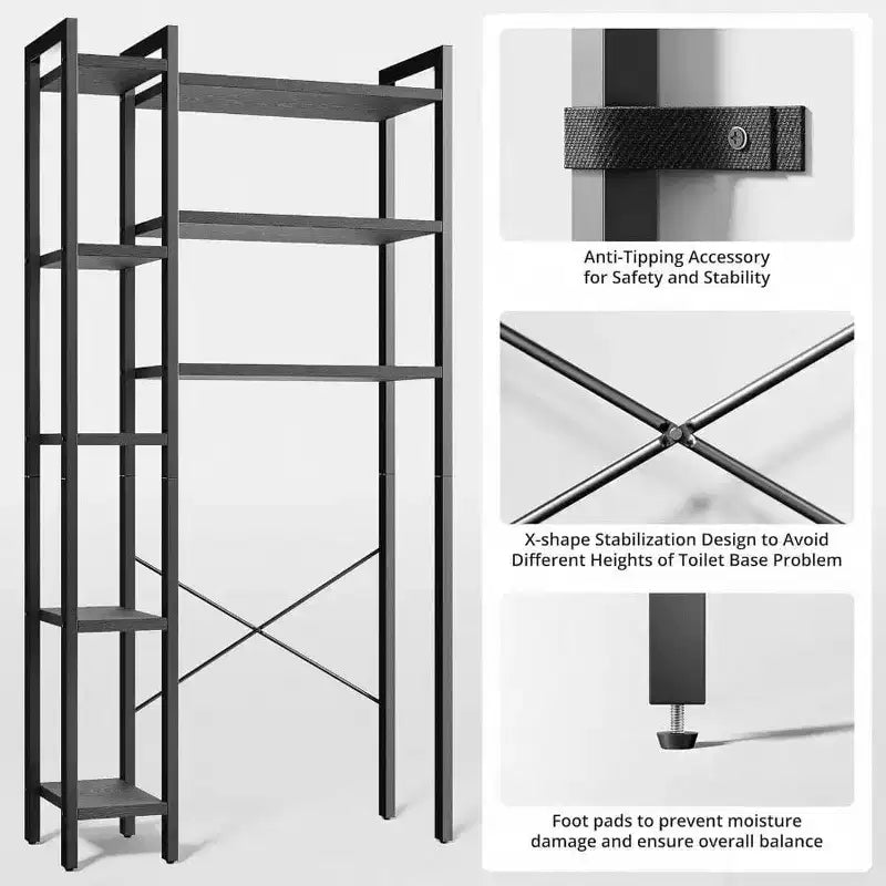 Étagère de rangement au-dessus des toilettes avec 8 niveaux – Grande capacité de rangement Étagère ouverte Organisateur de salle de bain autoportant Noir Gain de place