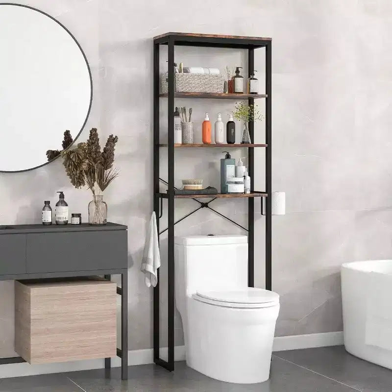 Étagère de Rangement Industrielle 4 Niveaux pour Toilettes avec Support de Papier Hygiénique, Organisateur Autonome Multifonctionnel