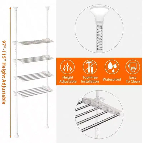 Étagère de rangement 4 niveaux pour toilettes, en métal robuste, blanche, peu encombrante, organisateur de salle de bain sans perçage, réglable de 1,37 à 2,90 m