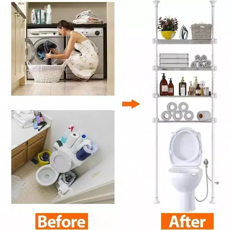 Étagère de rangement 4 niveaux pour toilettes, en métal robuste, blanche, peu encombrante, organisateur de salle de bain sans perçage, réglable de 1,37 à 2,90 m