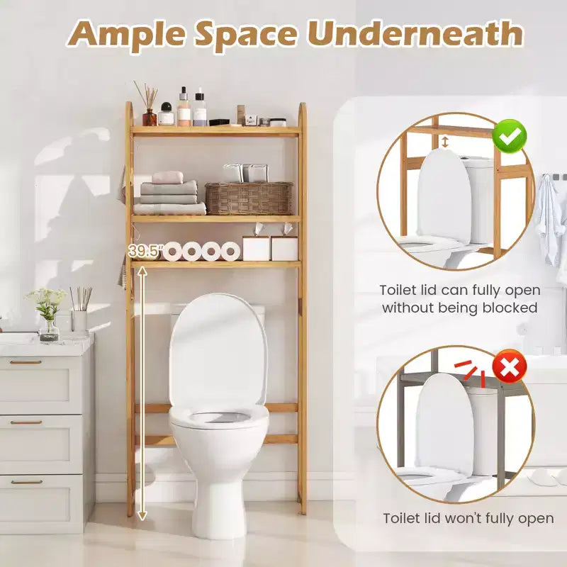 Étagère de rangement en bambou à installer au-dessus des toilettes avec 3 niveaux ouverts et étagères réglables