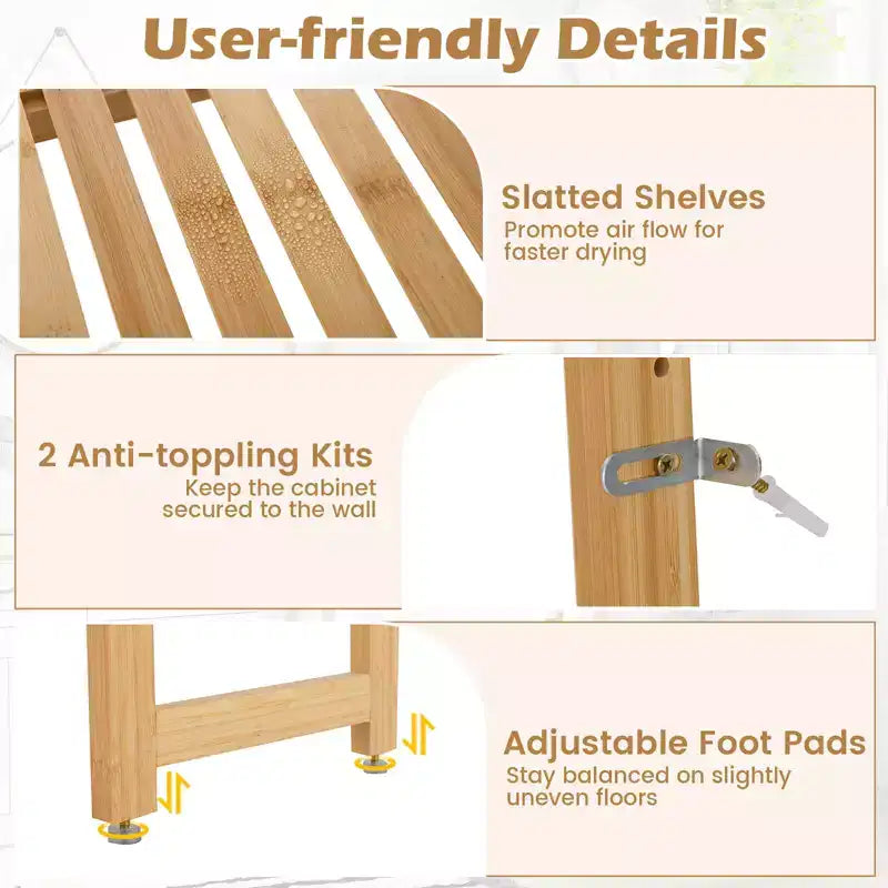 Étagère de rangement en bambou à installer au-dessus des toilettes avec 3 niveaux ouverts et étagères réglables