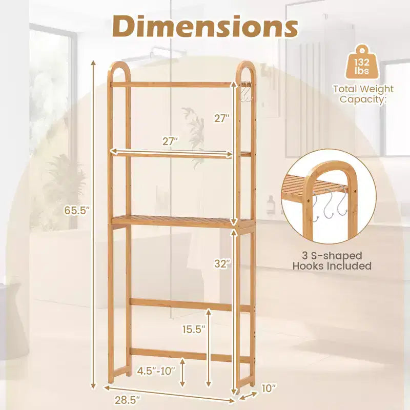 Étagère de rangement en bambou à installer au-dessus des toilettes avec 3 niveaux ouverts et étagères réglables