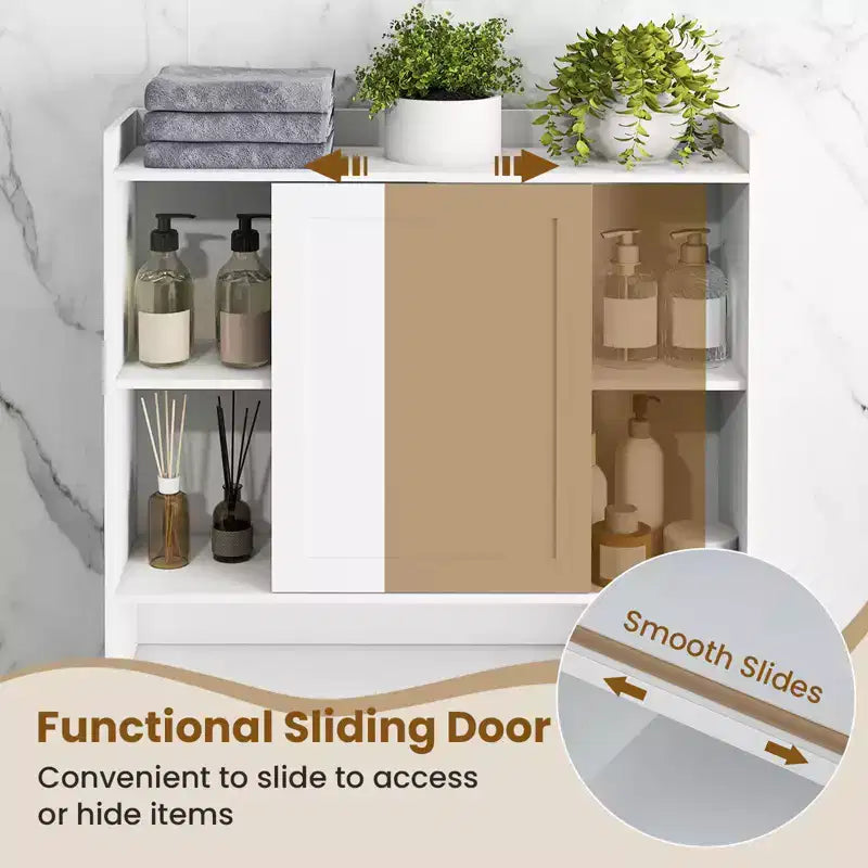 Meuble de rangement de salle de bain peu encombrant au-dessus des toilettes avec porte coulissante