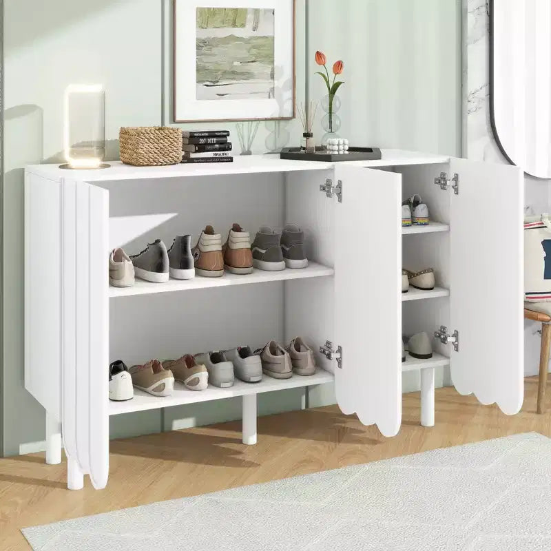 MAYEERTY Meuble à chaussures minimaliste de style crème, 5 pieds en bois massif, portes ondulées, étagères réglables, blanc