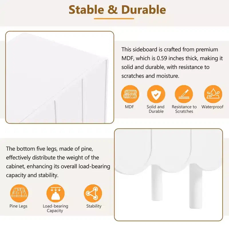 MAYEERTY Meuble à chaussures minimaliste de style crème, 5 pieds en bois massif, portes ondulées, étagères réglables, blanc