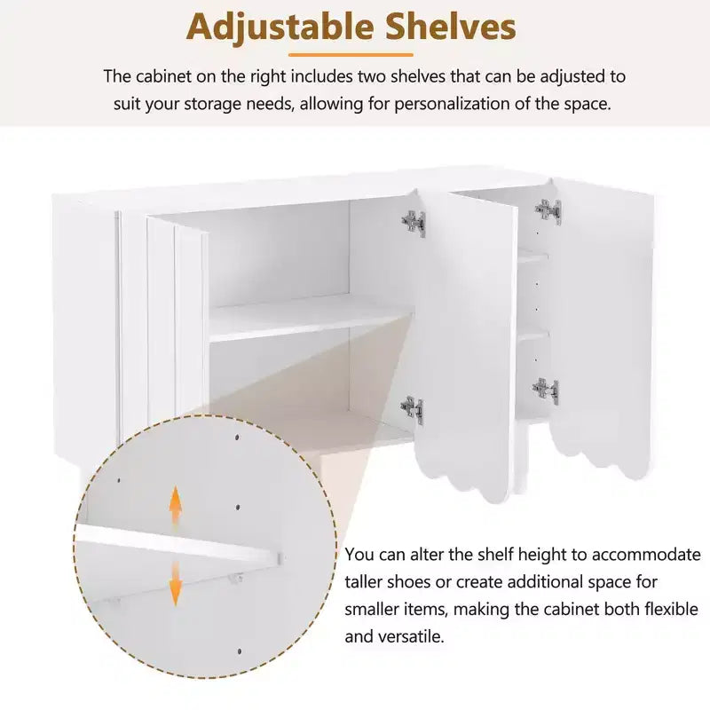 MAYEERTY Meuble à chaussures minimaliste de style crème, 5 pieds en bois massif, portes ondulées, étagères réglables, blanc