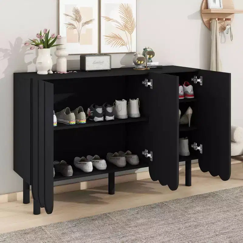 MAYEERTY Meuble à chaussures minimaliste de style crème, 5 pieds en bois massif, portes ondulées, étagères réglables, blanc