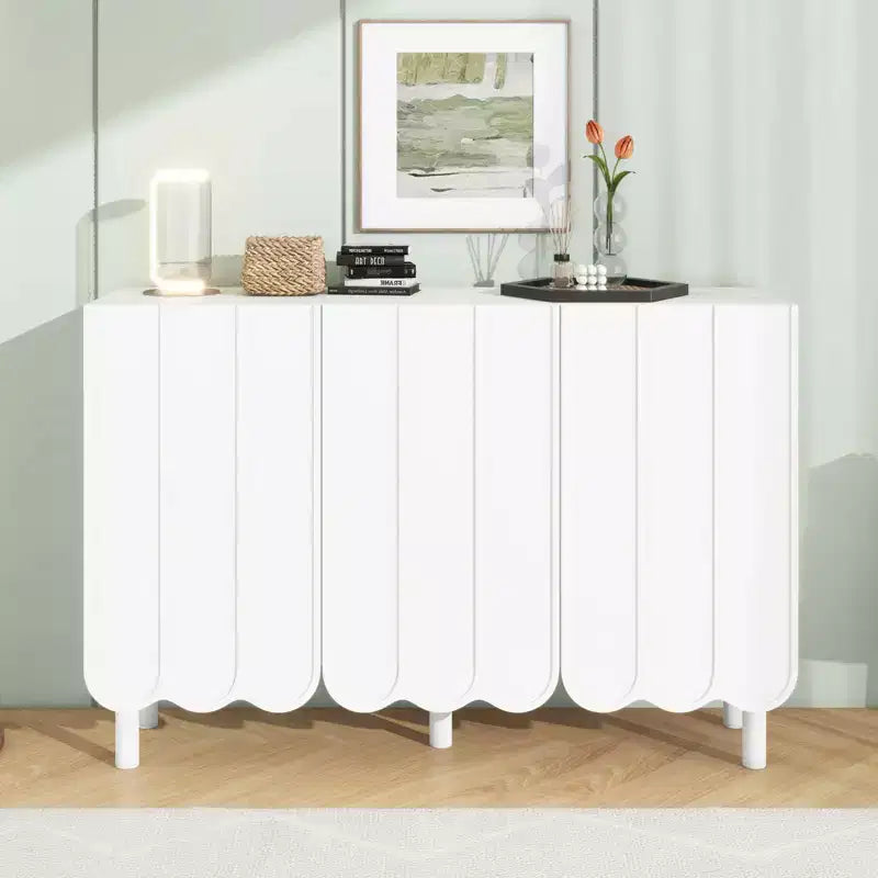 MAYEERTY Meuble à chaussures minimaliste de style crème, 5 pieds en bois massif, portes ondulées, étagères réglables, blanc