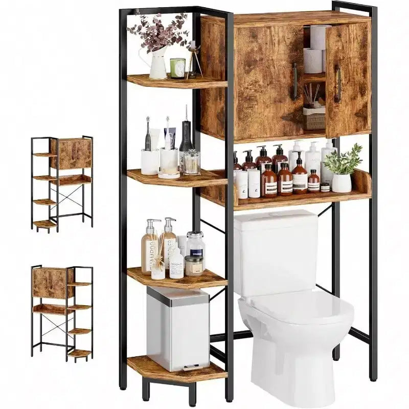 Meuble de rangement sur toilettes à portes magnétiques, étagère autoportante au-dessus des toilettes, marron rustique, robuste, pieds réglables