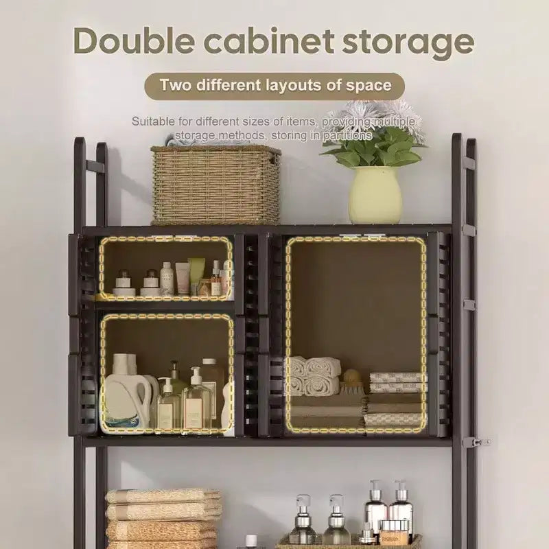 Meuble de rangement au-dessus des toilettes avec porte-papier toilette, étagère de salle de bain, organisateur, quatre portes, pieds imperméables, gain de place, étagère anti-renversement.