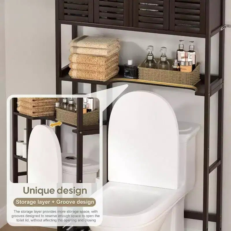 Meuble de rangement au-dessus des toilettes avec porte-papier toilette, étagère de salle de bain, organisateur, quatre portes, pieds imperméables, gain de place, étagère anti-renversement.