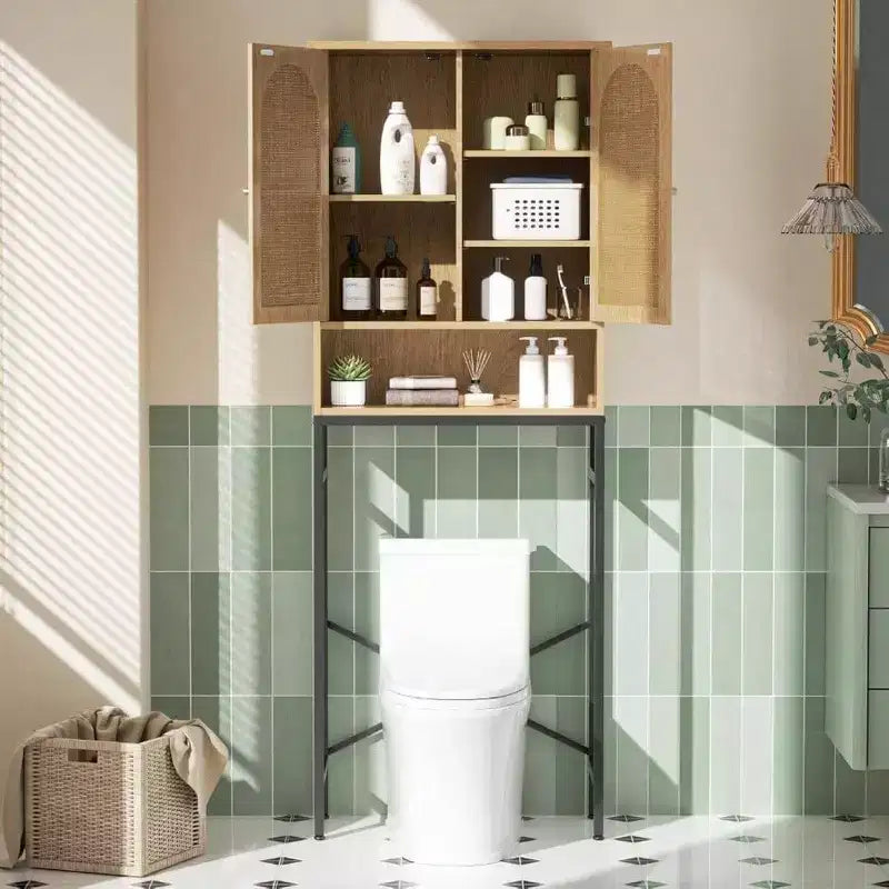 Meuble de rangement WC en rotin sur l'étagère Armoire en bois avec support métallique Organisateur de salle de bain Étagère réglable Autoportant grand