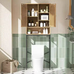 Meuble de rangement WC en rotin sur l'étagère Armoire en bois avec support métallique Organisateur de salle de bain Étagère réglable Autoportant grand