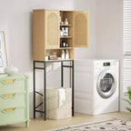 Meuble de rangement WC en rotin sur l'étagère Armoire en bois avec support métallique Organisateur de salle de bain Étagère réglable Autoportant grand