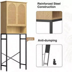 Meuble de rangement WC en rotin sur l'étagère Armoire en bois avec support métallique Organisateur de salle de bain Étagère réglable Autoportant grand