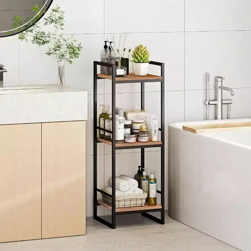 Étagère de Rangement 3 Niveaux Salle de Bain Étagère Ouverte Autoportante en Métal Meuble d'Angle Marron Rustique pour Salle de Bain Cuisine Salon Couloir