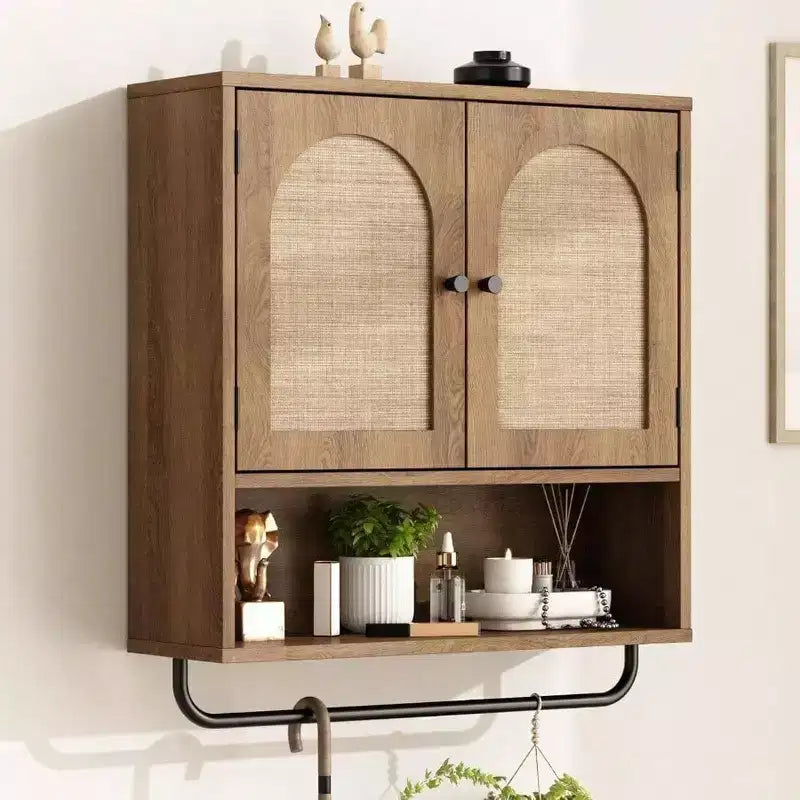 Rattan Bathroom Wall Cabinet, Boho Style with 2 Arched Doors, Farmhouse Over Toilet Storage with Adjustable Shelves and Towel Bar