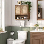 Meuble mural de salle de bain en rotin, style bohème avec 2 portes cintrées, rangement de ferme au-dessus des toilettes avec étagères réglables et porte-serviettes