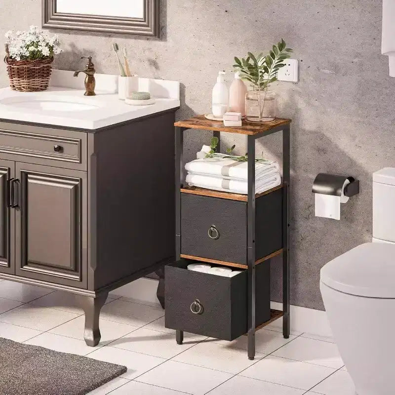 Meuble d'angle, étagère à 4 niveaux avec 2 tiroirs, meuble de rangement étroit, marron rustique et noir, meuble de rangement au sol pour salle de bain et salon