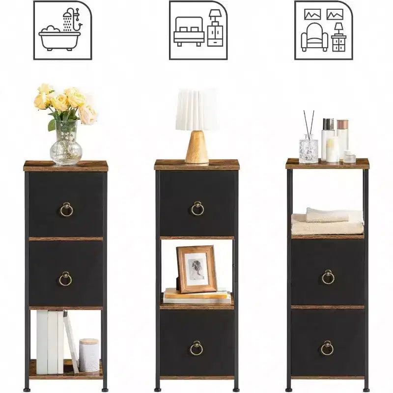 Meuble d'angle, étagère à 4 niveaux avec 2 tiroirs, meuble de rangement étroit, marron rustique et noir, meuble de rangement au sol pour salle de bain et salon
