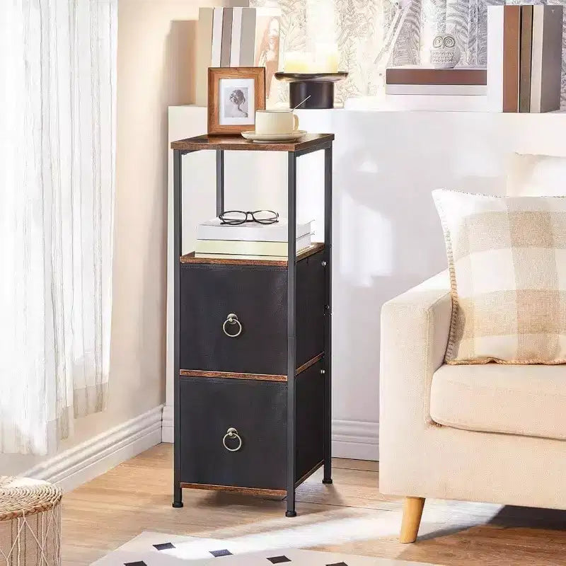Meuble d'angle, étagère à 4 niveaux avec 2 tiroirs, meuble de rangement étroit, marron rustique et noir, meuble de rangement au sol pour salle de bain et salon