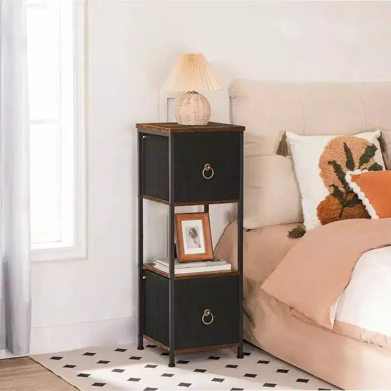 Meuble d'angle, étagère à 4 niveaux avec 2 tiroirs, meuble de rangement étroit, marron rustique et noir, meuble de rangement au sol pour salle de bain et salon